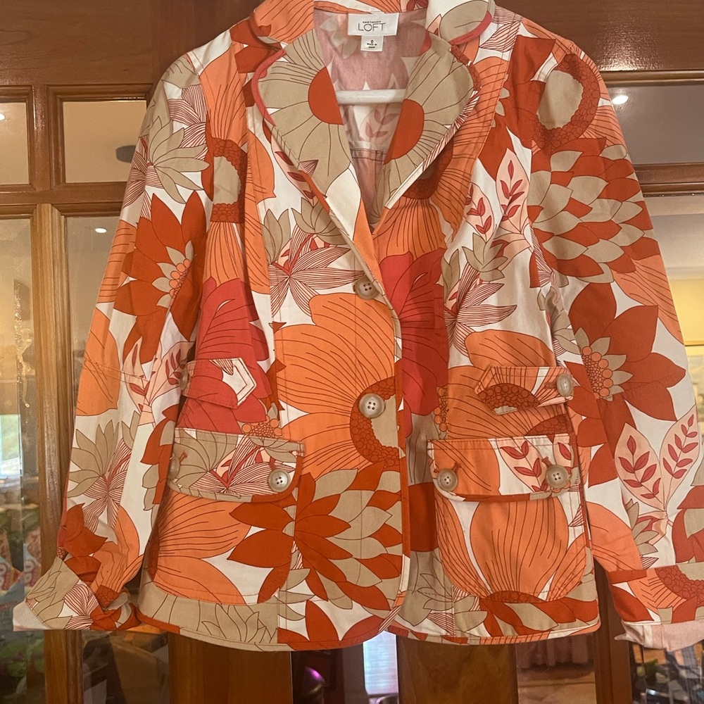 LOFT Orange Floral Cotton Blazer